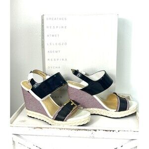 New Geox Respira D Janira Women Sz 9 Navy Patent Leather Braided Wedge Sandal
